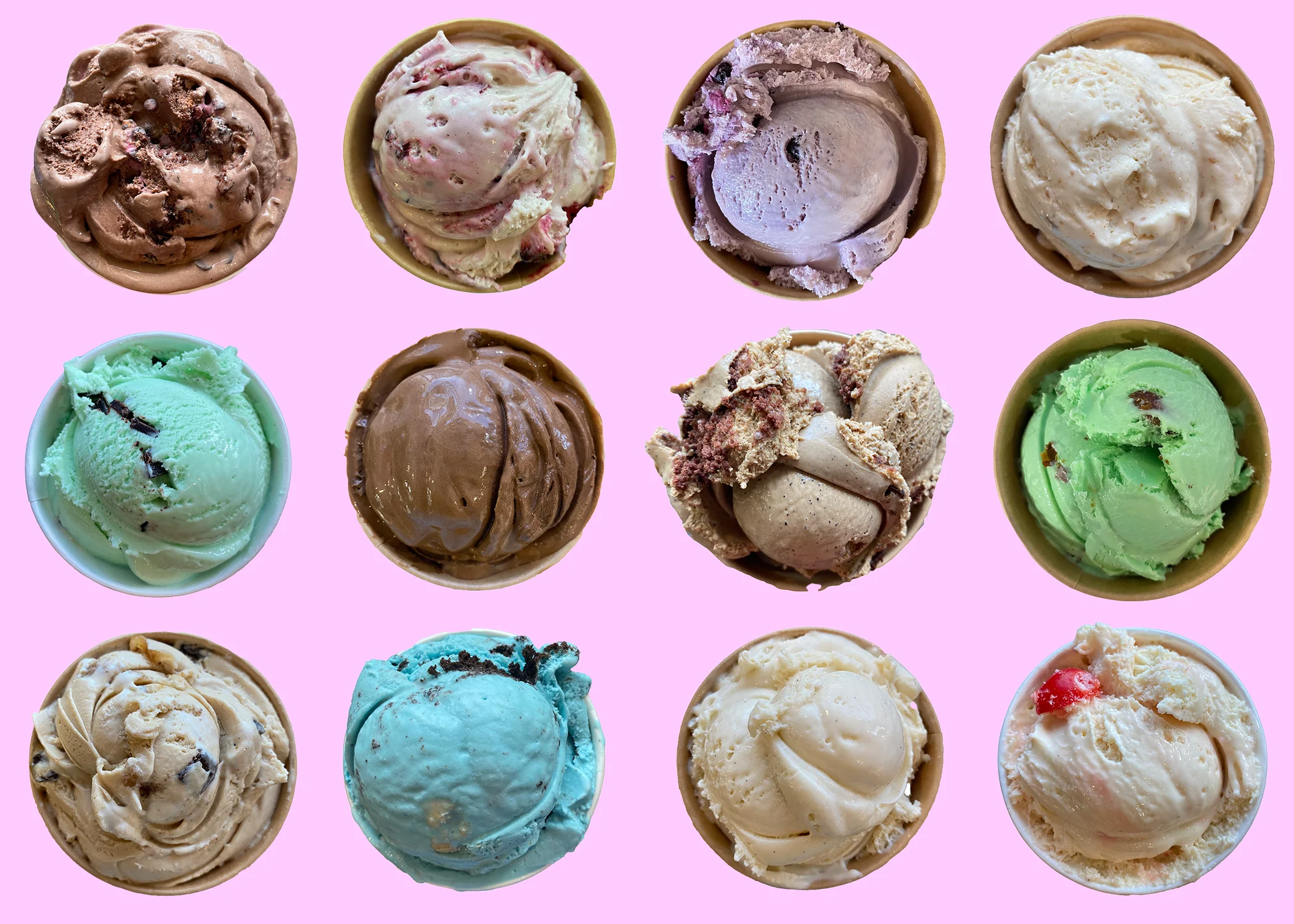 Variety of colorful ice cream scoops in cups