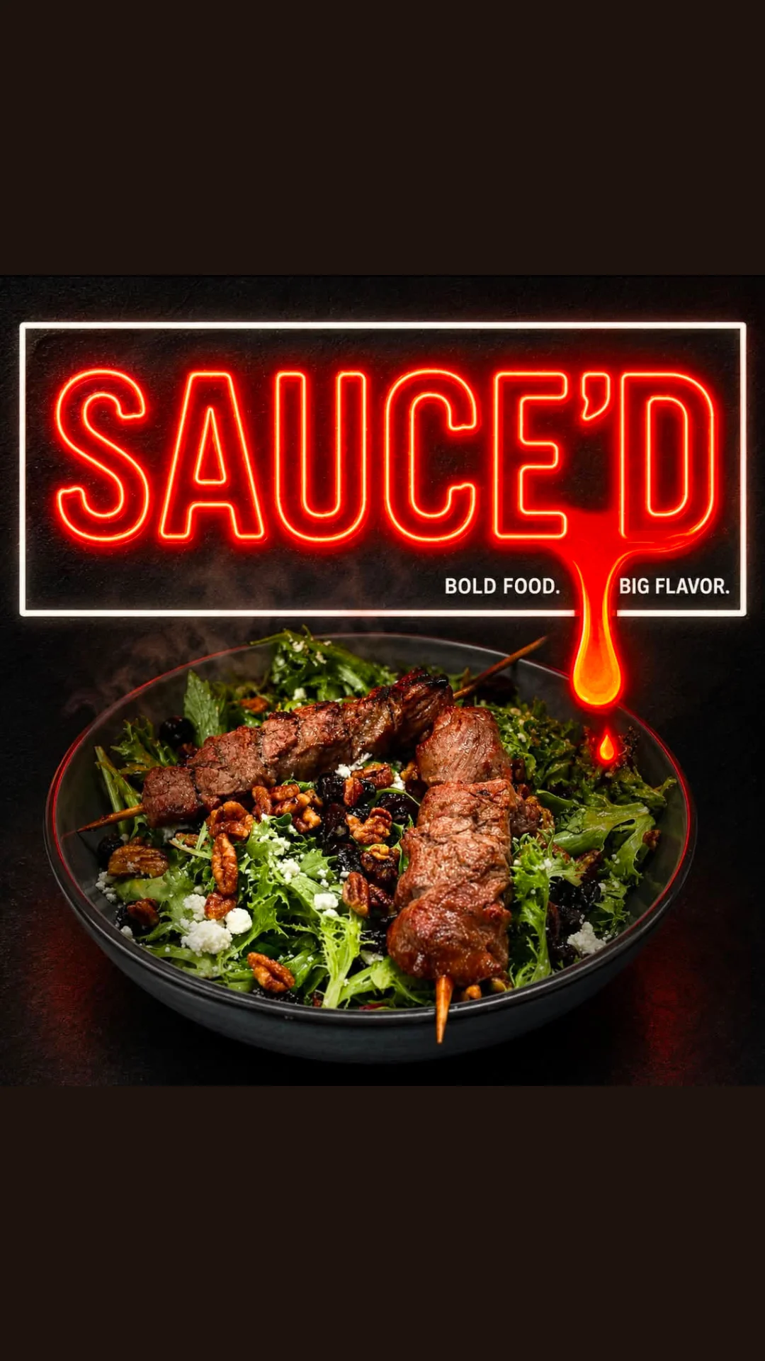 Grilled kebabs on a fresh salad in a vibrant bowl