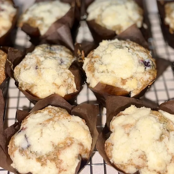 Freshly baked blueberry muffins with crumb topping