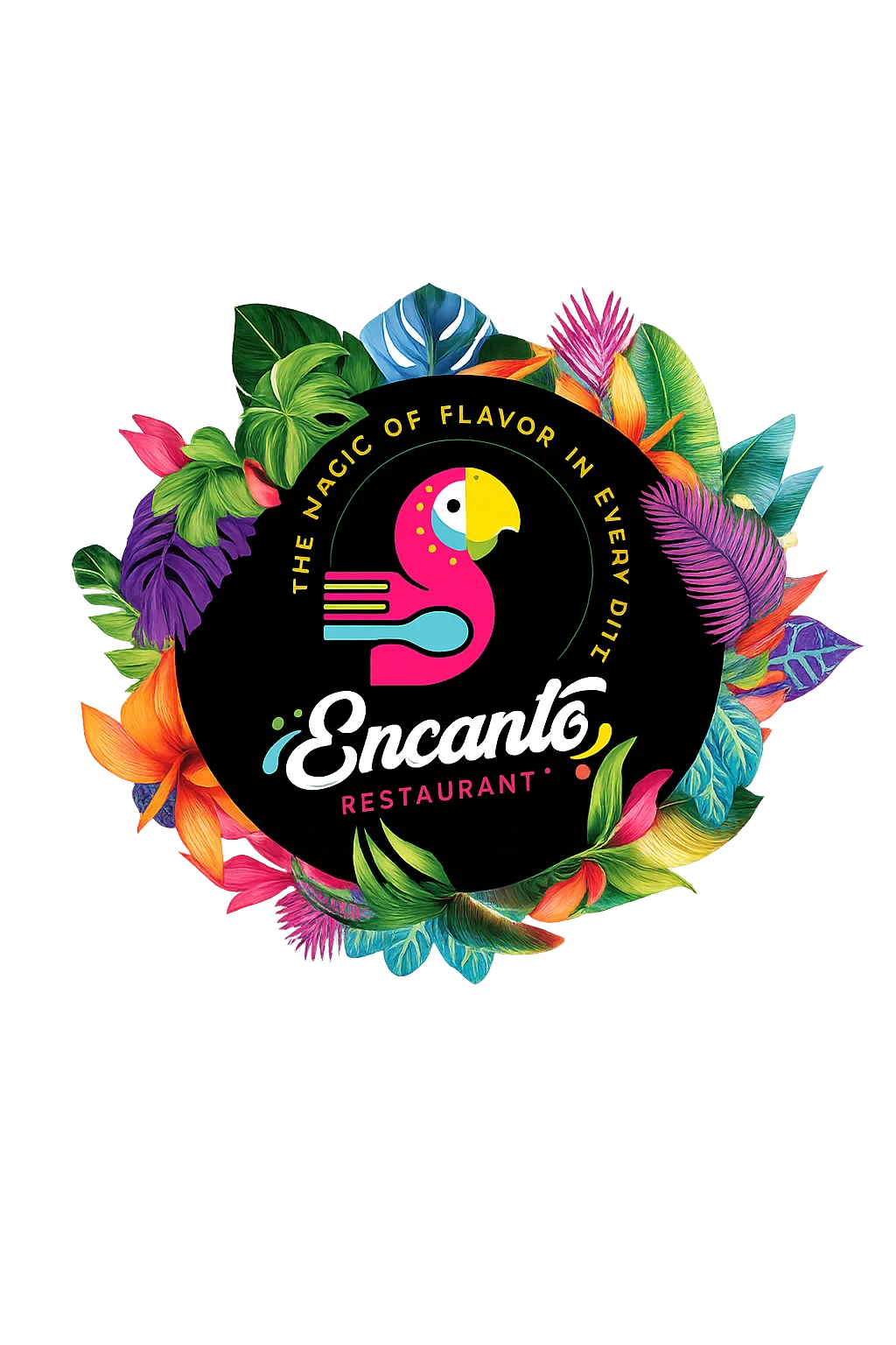 A colorful logo featuring a stylized bird and utensils, representing a restaurant that emphasizes flavor. The design incorporates vibrant colors and playful typography.