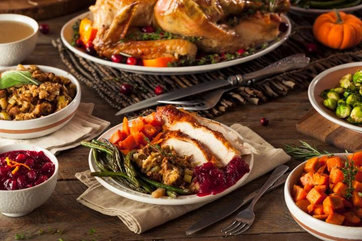 Traditional Thanksgiving dinner with turkey and sides