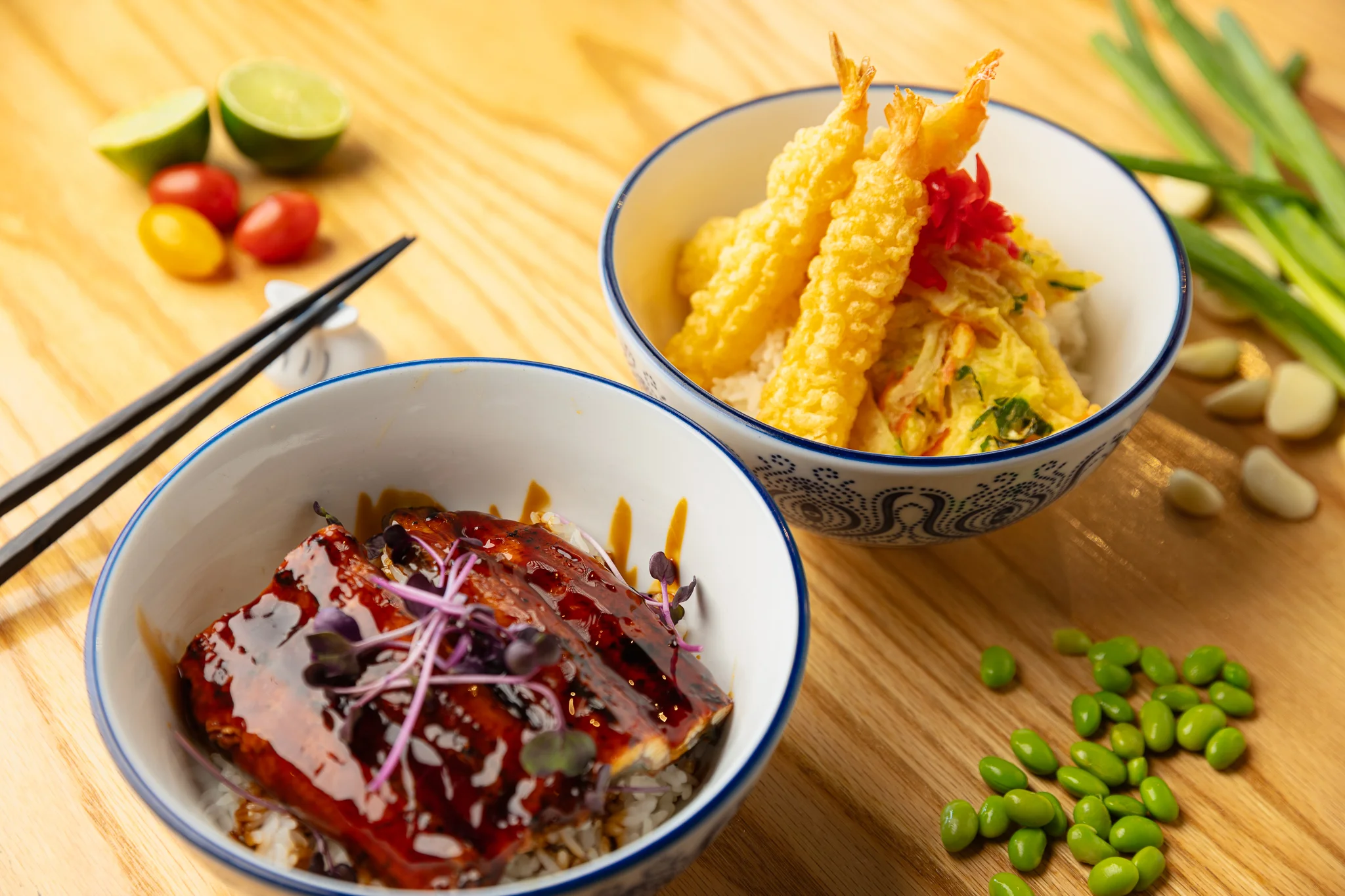 Japanese unagi donburi with tempura shrimp