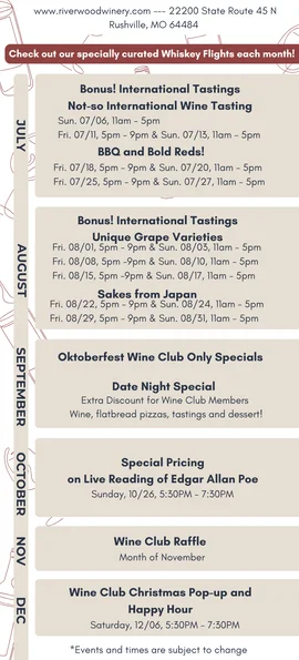 Event schedule for Riverwood Winery with wine tastings and special events.