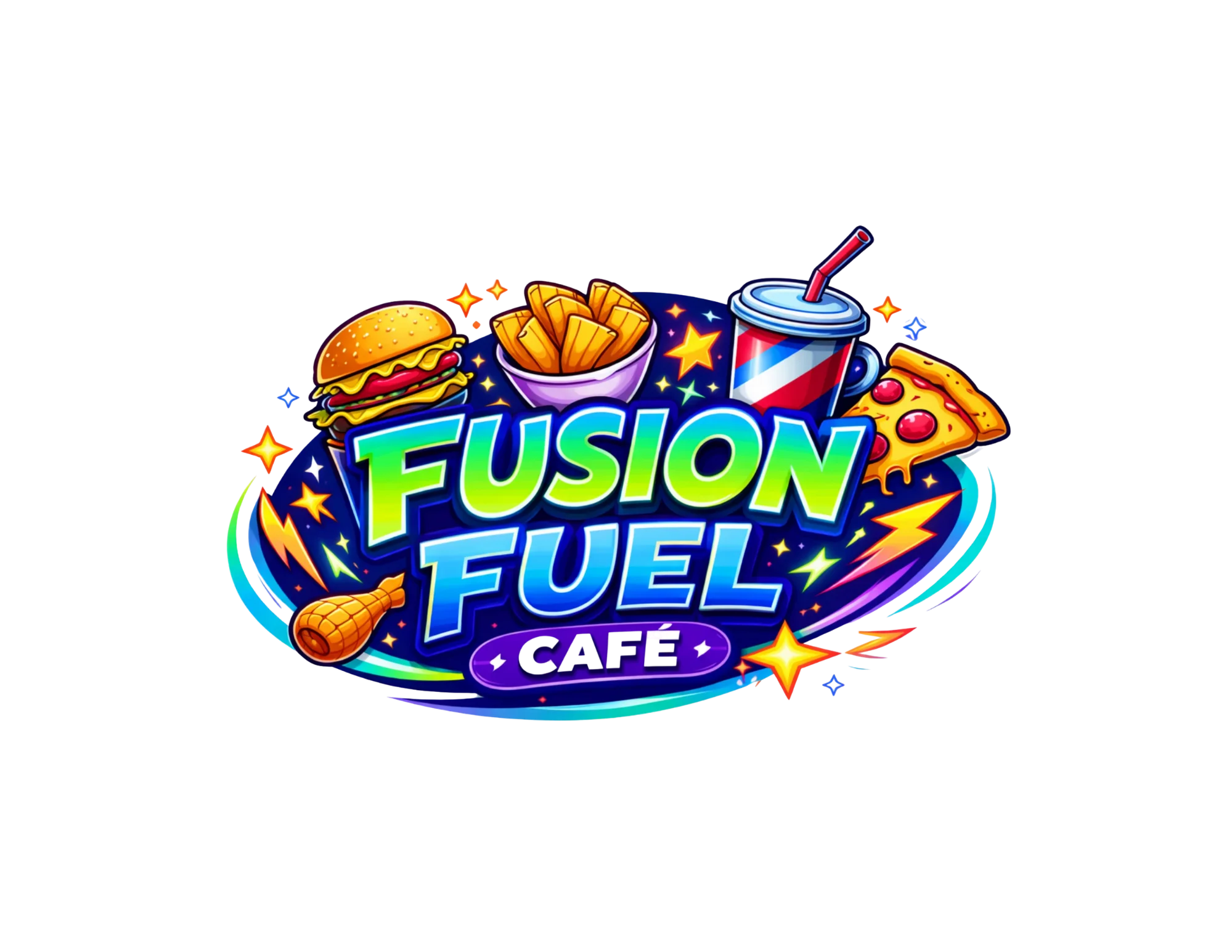 Colorful logo for Fusion Fuel Café featuring burgers, fries, and pizza