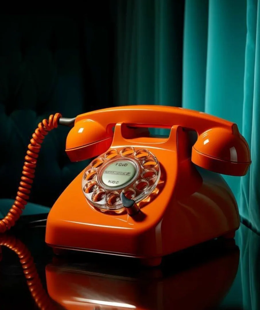 Vintage orange rotary phone on a glossy table