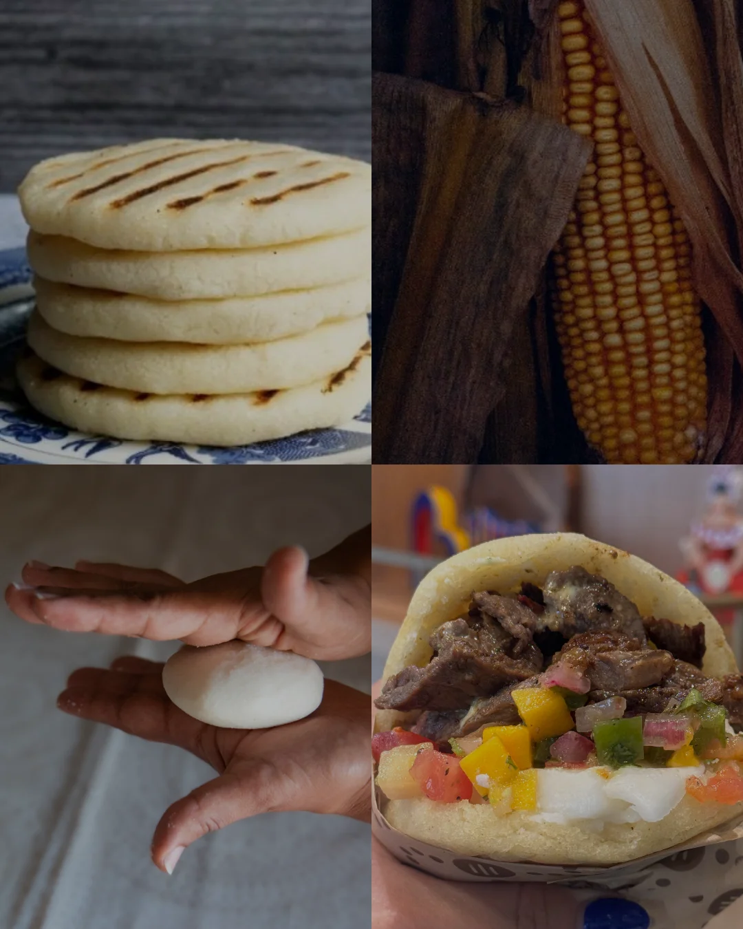 Delicious arepas served with various toppings on a wooden table.