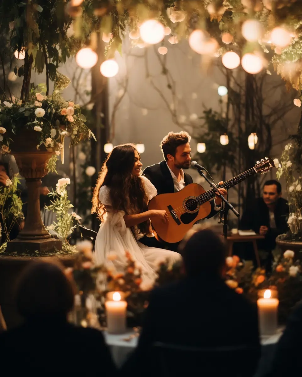 A couple performs on stage with a guitar in a warmly lit indoor setting, surrounded by floral arrangements and candles.