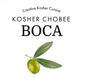 A logo featuring the text 'Kosher Chobee Boca' with an olive illustration and the tagline 'Creative Kosher Cuisine'.