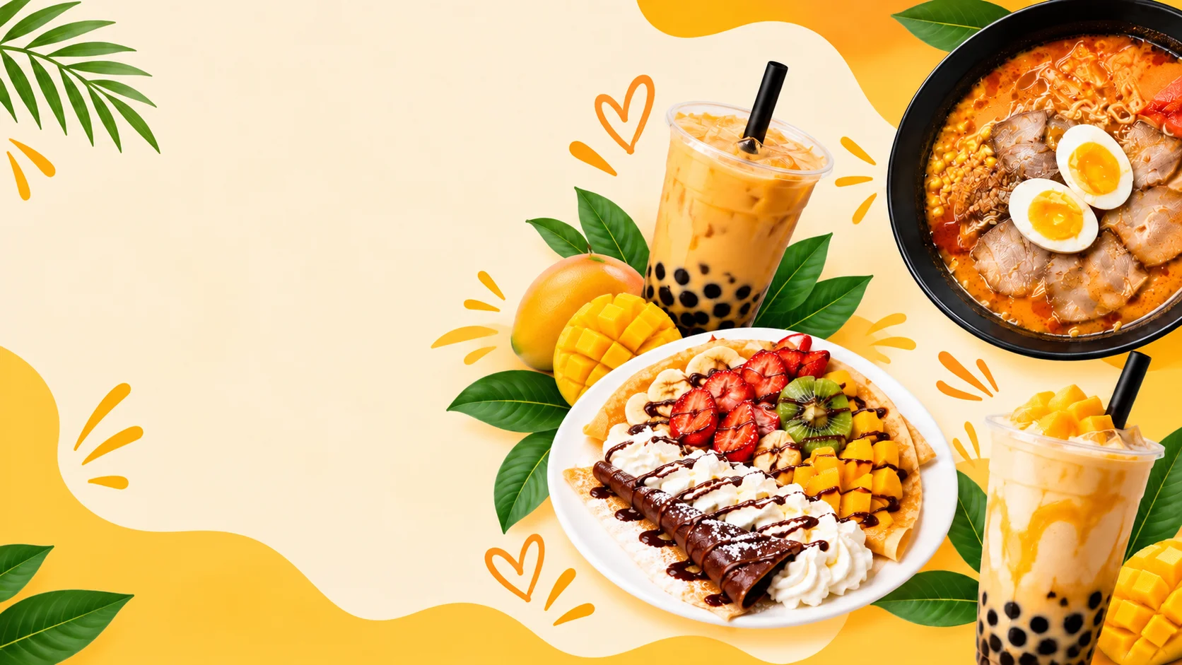 Colorful dessert crepes with fruits and bubble tea drinks