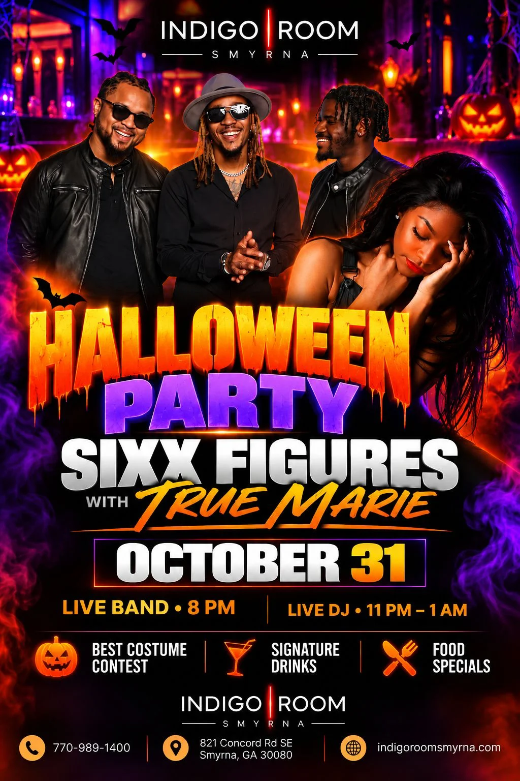 Halloween party event poster with live band and DJ at Indigo Room Smyrna