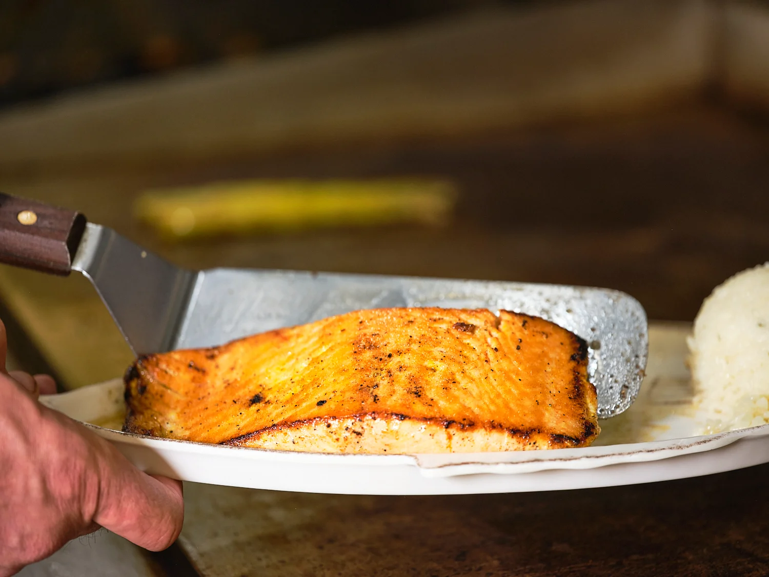 Grilled salmon fillet served with rice