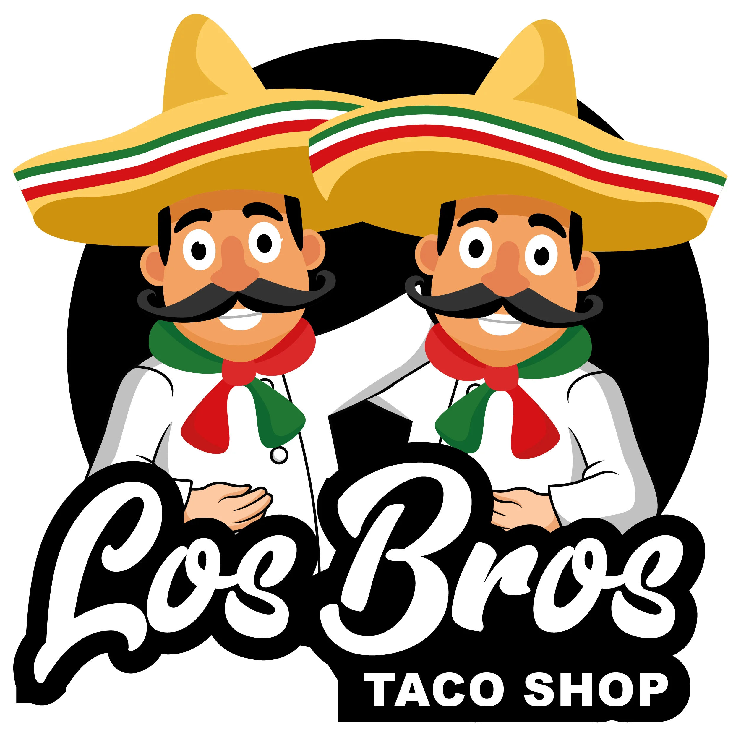 Colorful logo of Los Bros Taco Shop featuring cheerful chefs