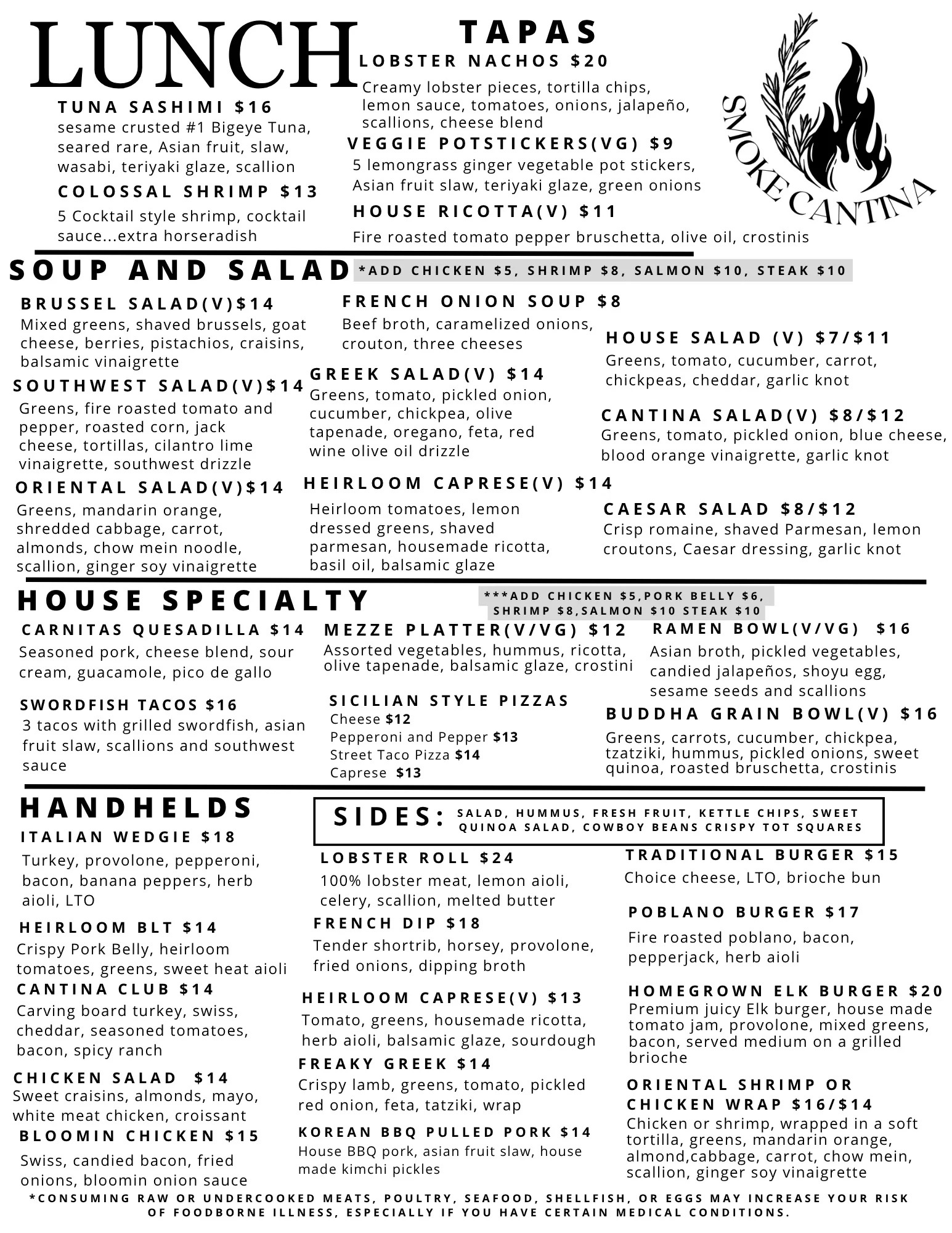 Diverse lunch menu featuring global dishes and tapas