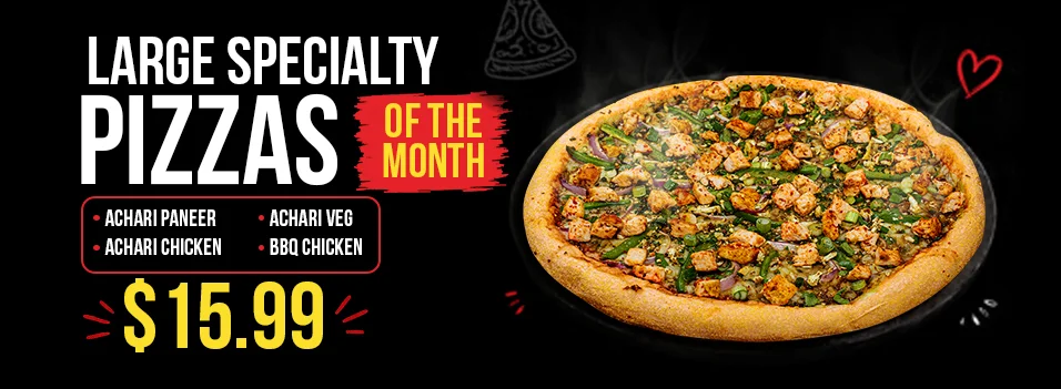 Banner showcasing specialty pizzas of the month with vibrant toppings.