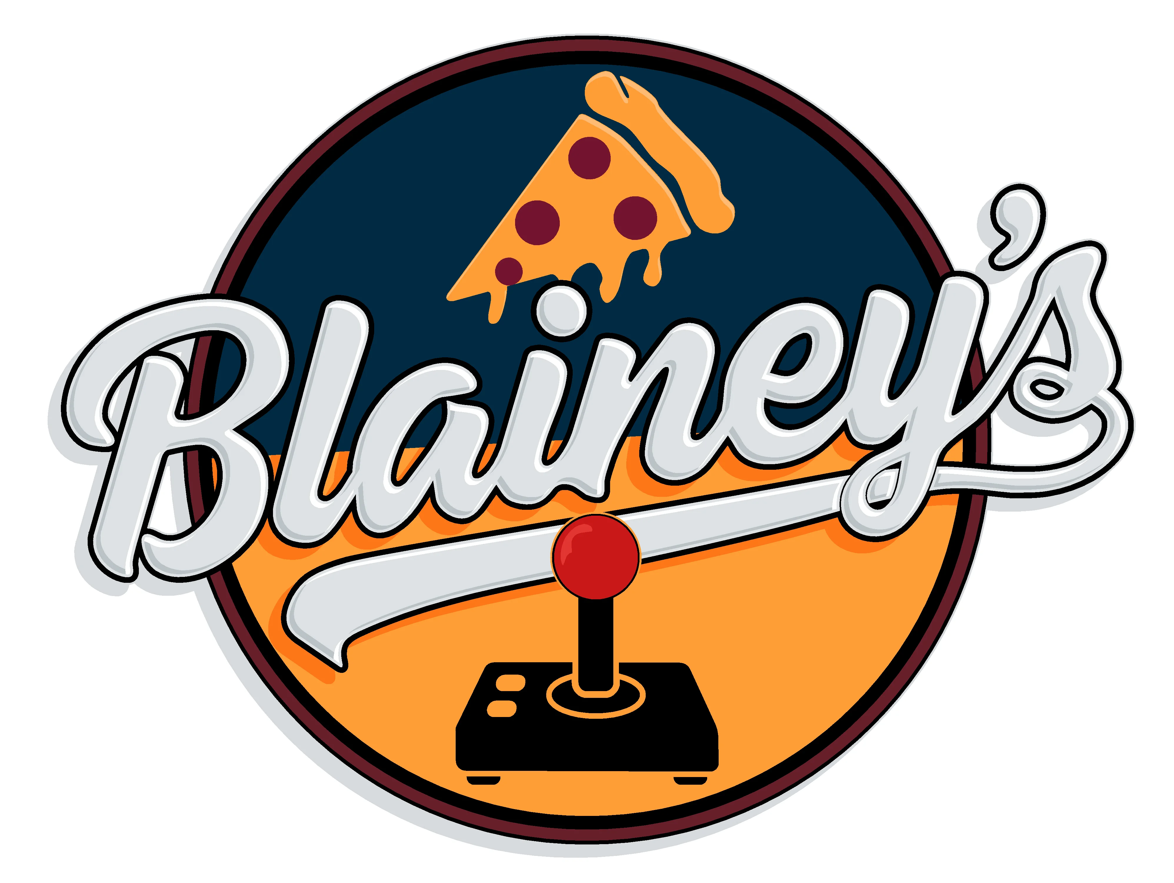 A logo featuring the name 'Blainey's' with an illustration of a slice of pizza and a retro game joystick.