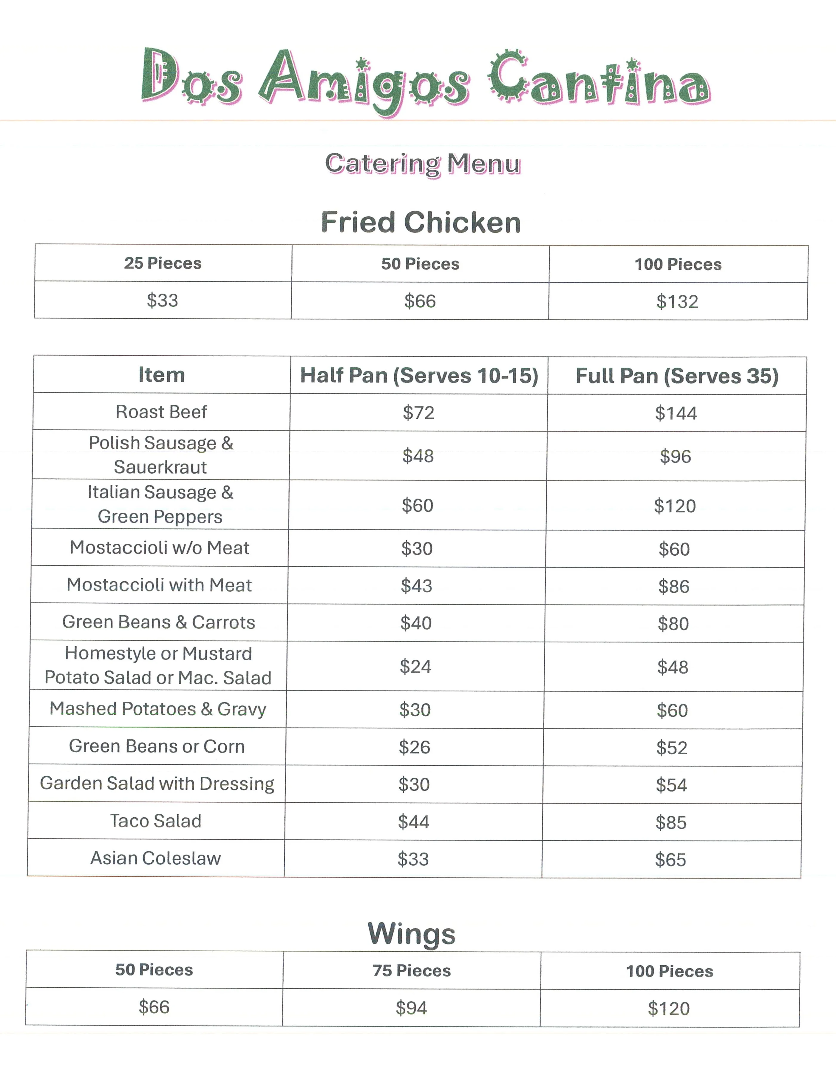 Catering menu featuring fried chicken and sides from Dos Amigos Cantina
