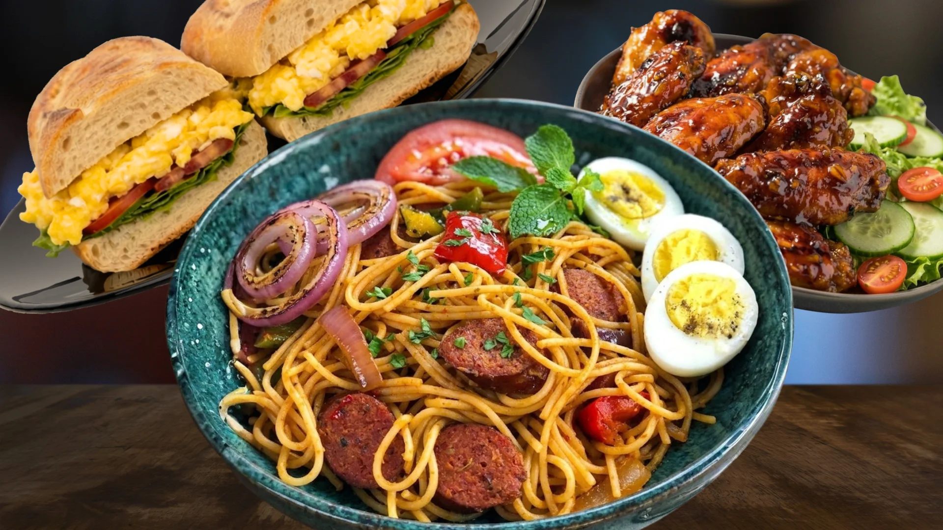 Mouthwatering Breakfast, spaghetti, scrambled eggs sandwich, chicken wings