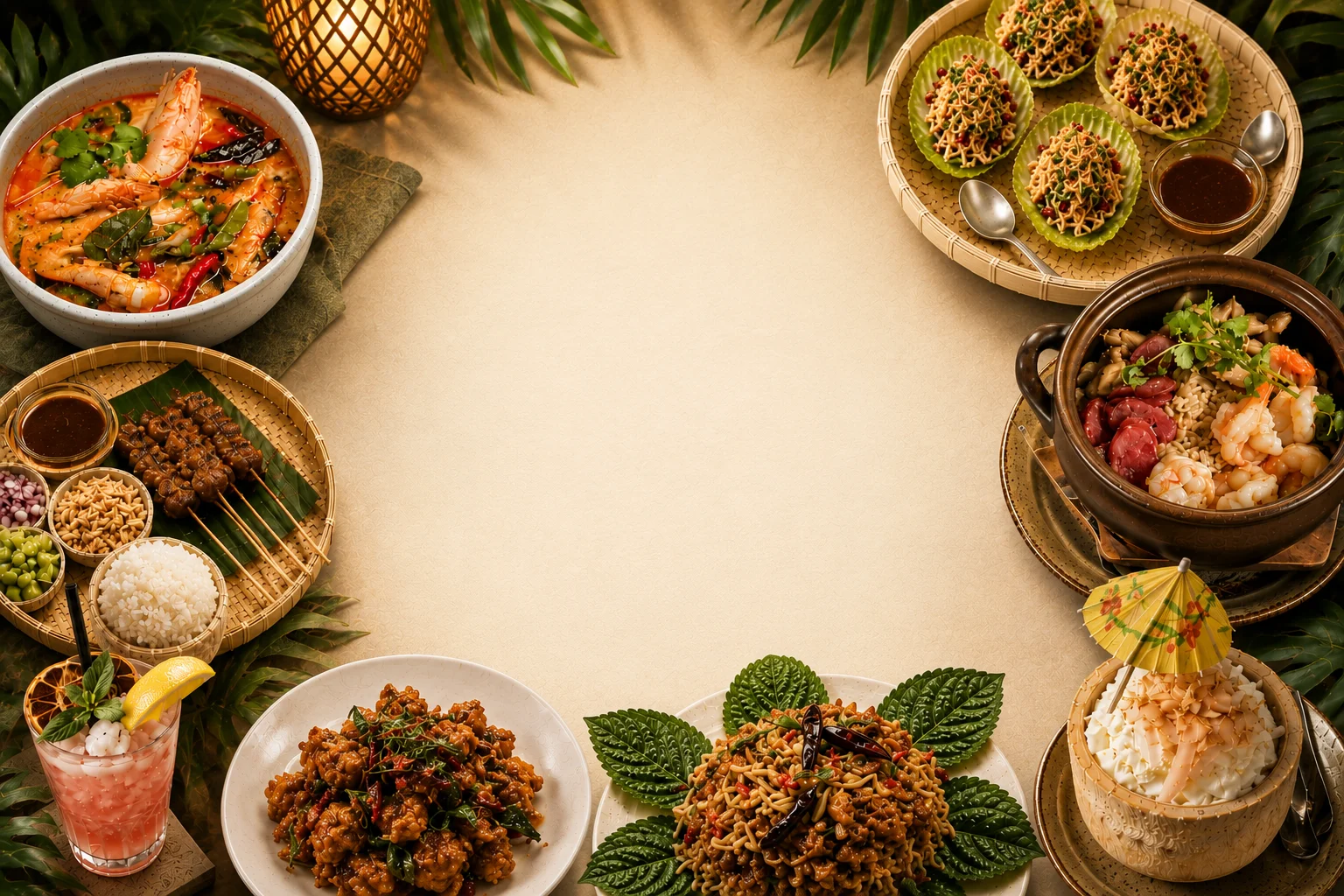 Assorted Southeast Asian dishes including tom yum and fried rice