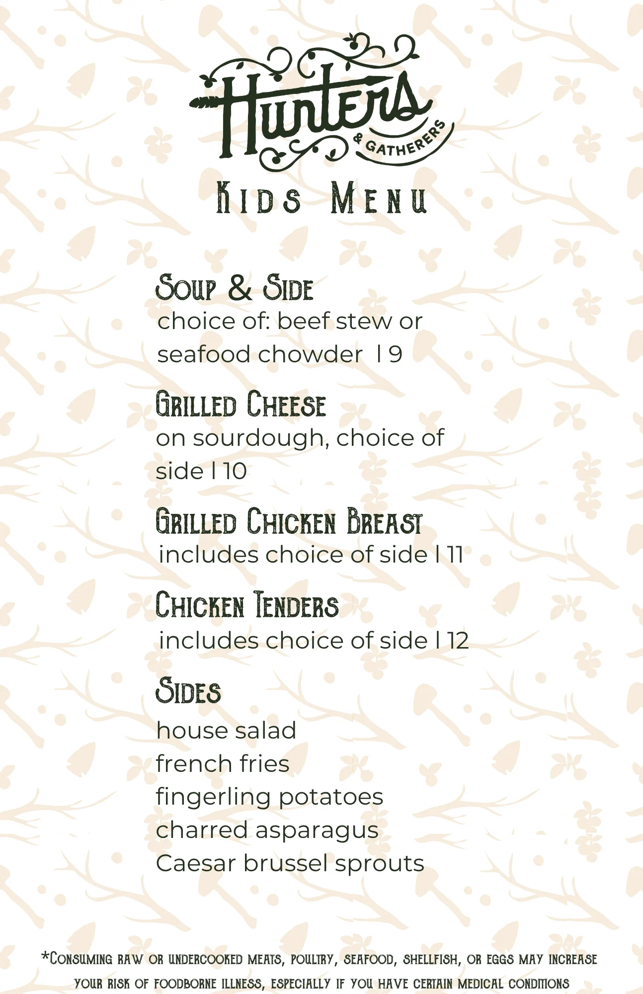 Kids menu featuring grilled cheese and chicken tenders