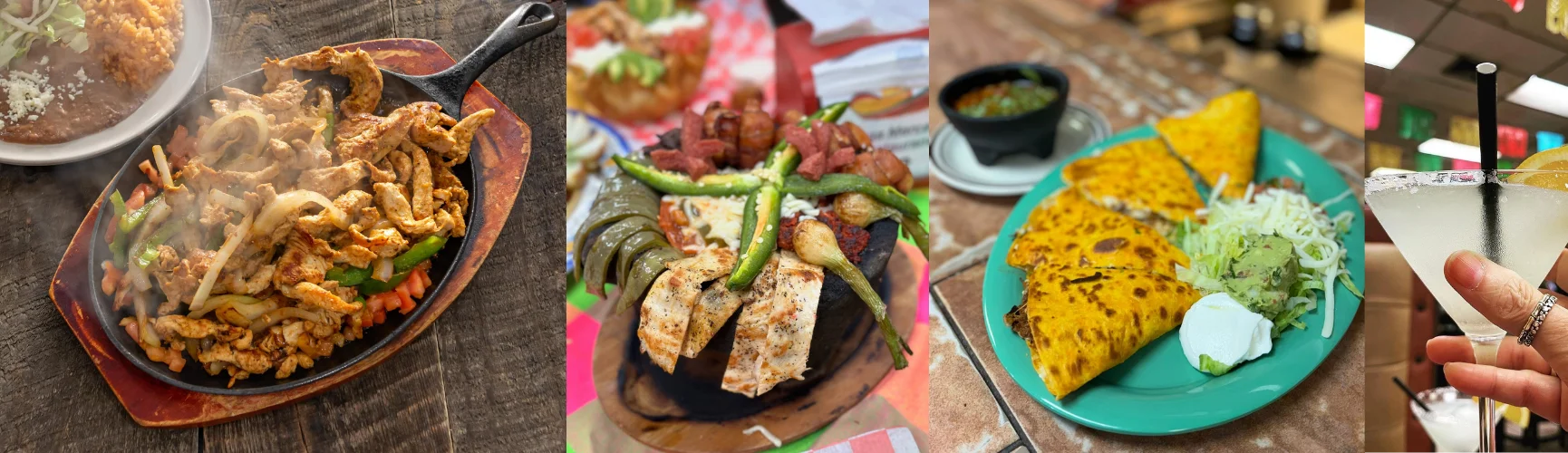 Sizzling fajitas served with rice and beans in a vibrant restaurant setting