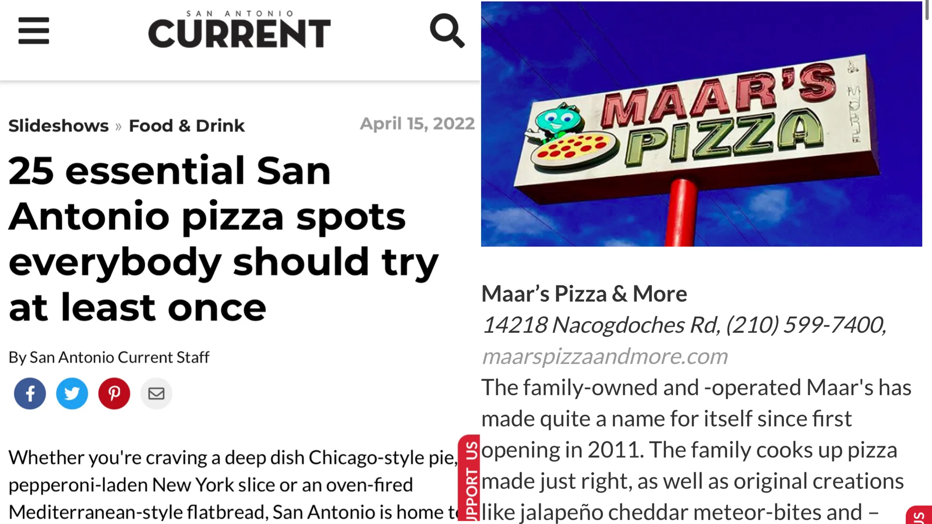 Sign for Maar's Pizza, a family-owned pizzeria in San Antonio