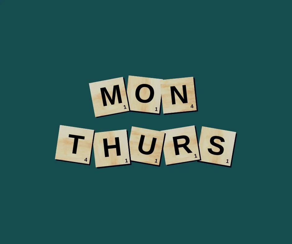 Scrabble tiles spelling MON and THURS on a teal background