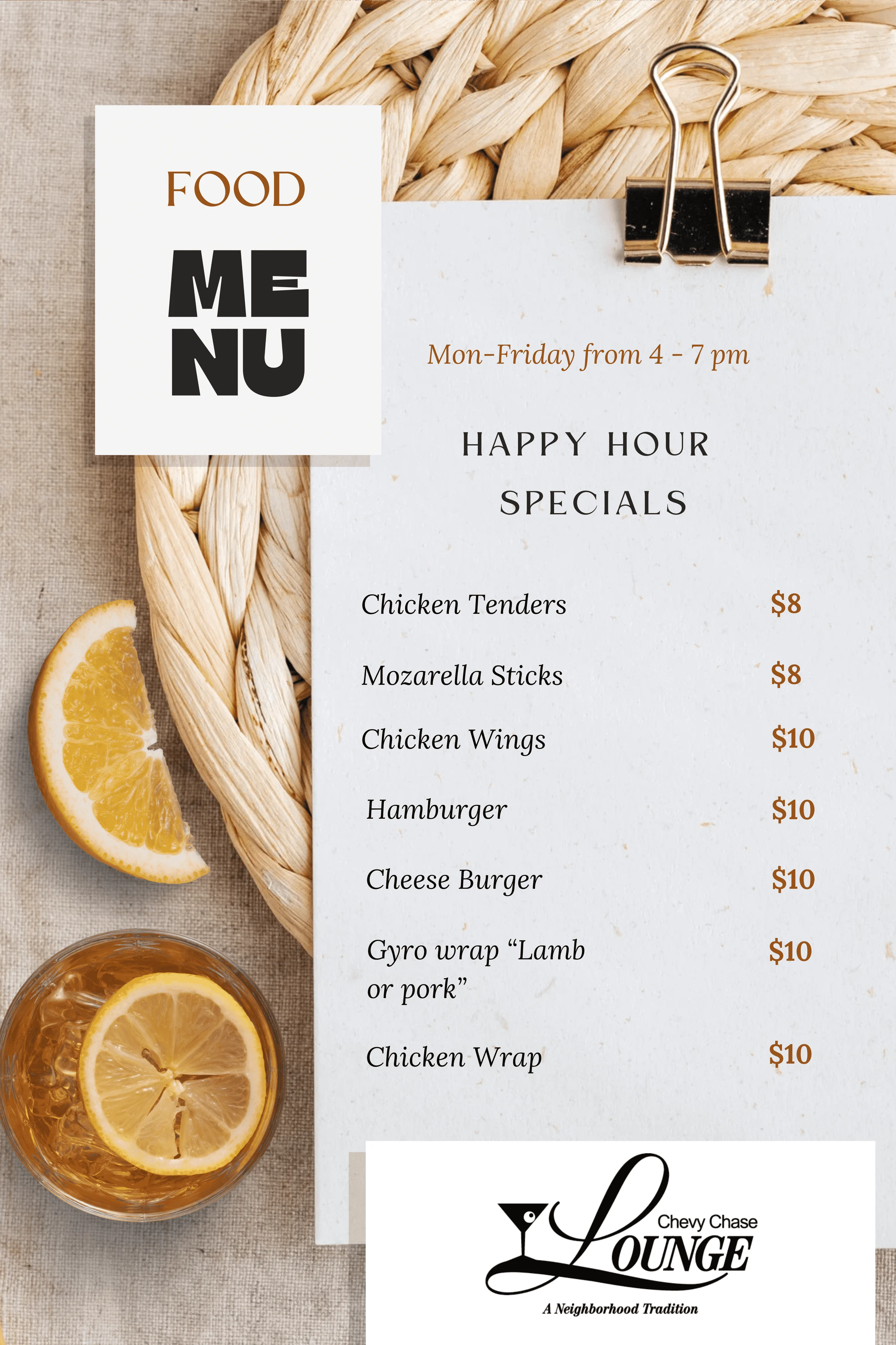 Happy hour food menu featuring American appetizers