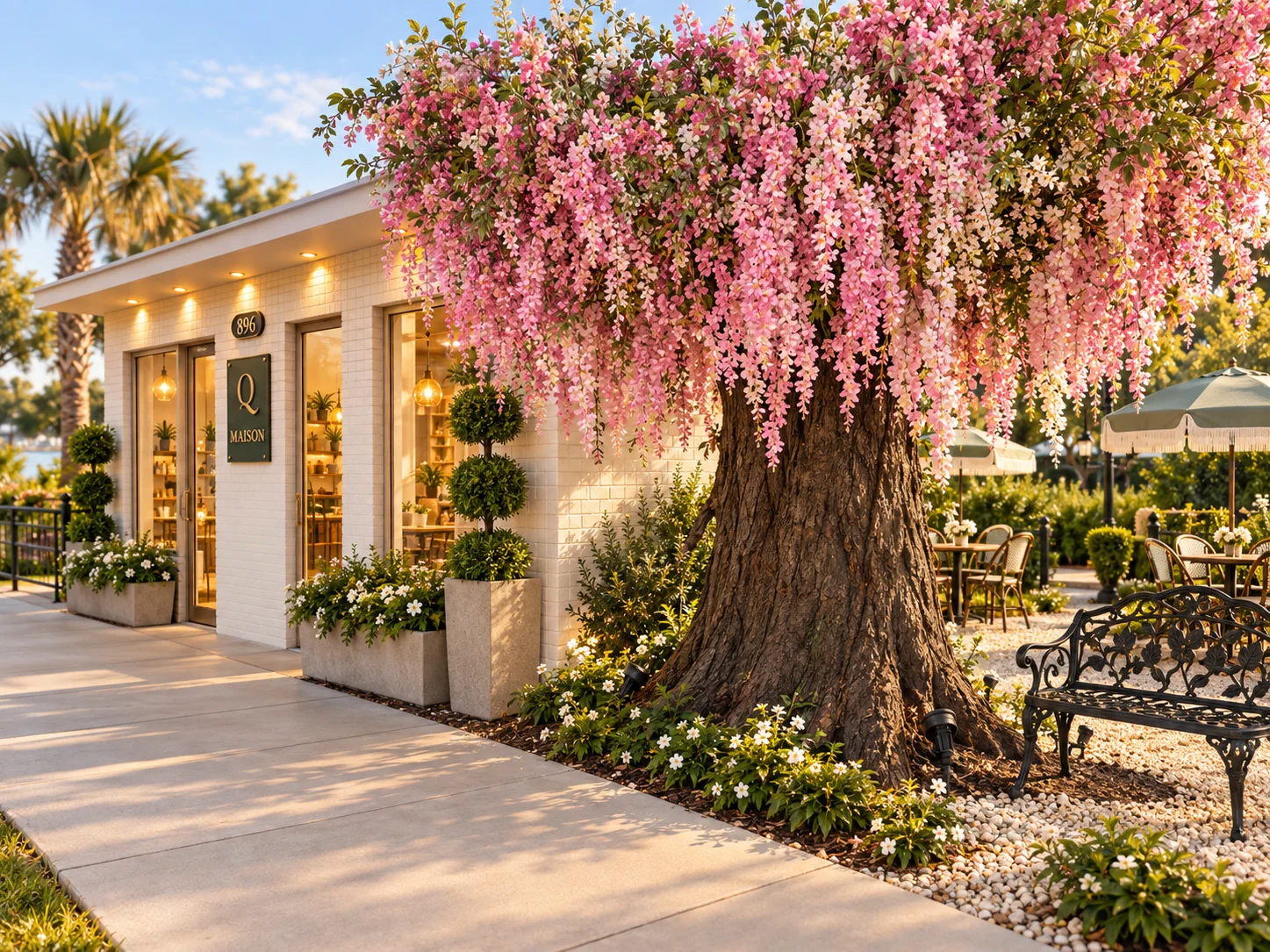 Elegant restaurant exterior with flowering tree and garden patio