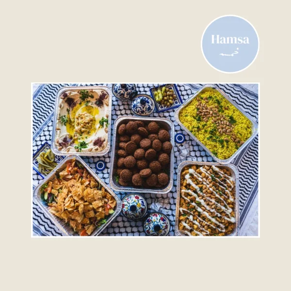 Assorted Middle Eastern dishes including falafel and rice