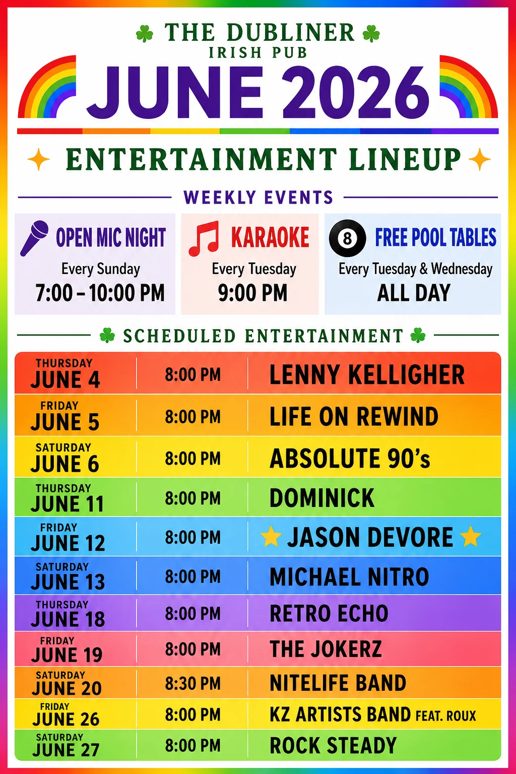 Event schedule for The Dubliner Irish Pub in June 2026