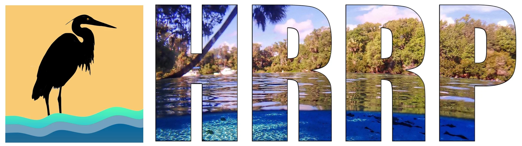 Stylized heron graphic with water reflections and nature background
