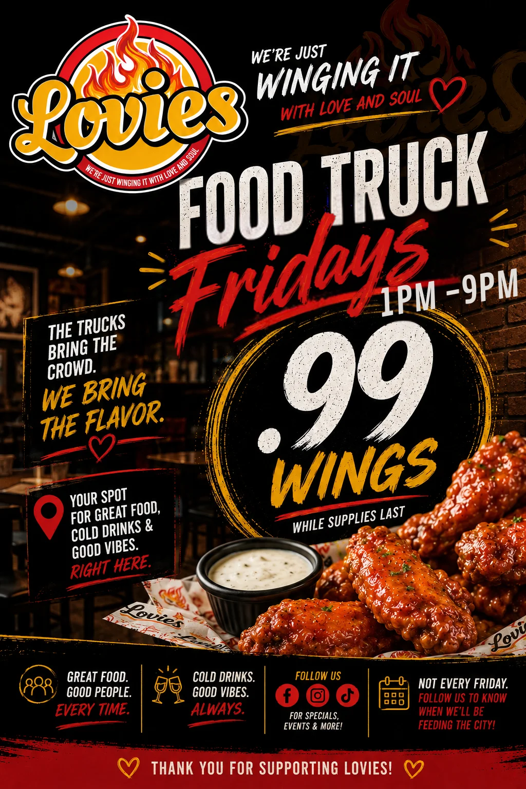 Promotional flyer for Lovies Food Truck Fridays featuring .99 wings.