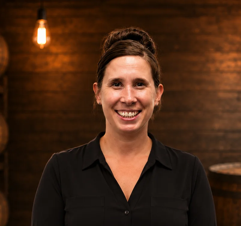 Professional woman smiling in a modern restaurant setting