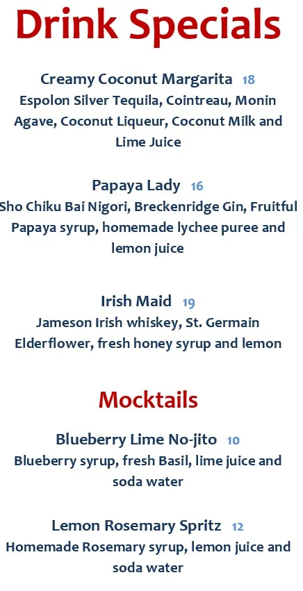 Cocktail menu featuring unique drink specials and mocktails