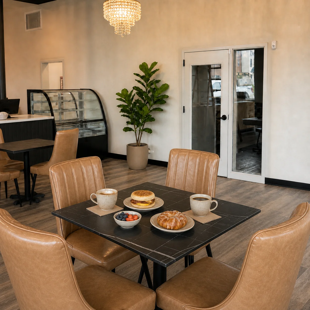 Cozy café interior with breakfast items and coffee