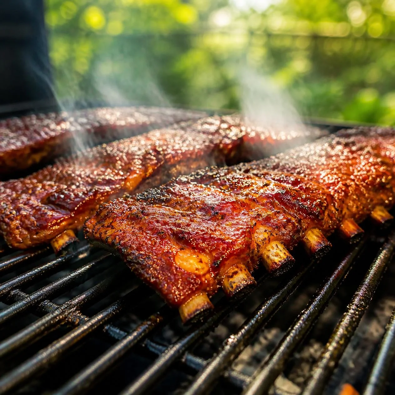 Grilled ribs with a smoky glaze, sizzling on the barbecue grill, surrounded by greenery.