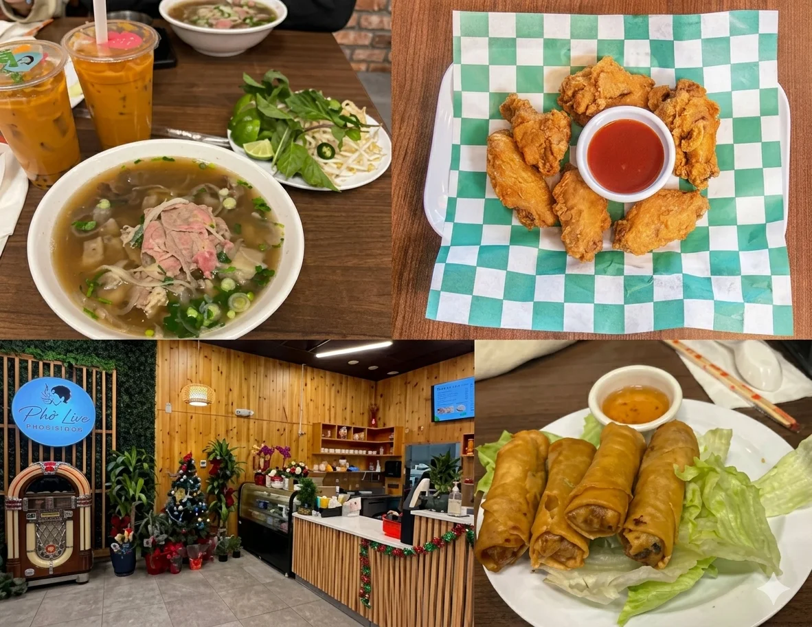 Delicious Vietnamese dishes including pho, wings, and spring rolls in a cozy restaurant.
