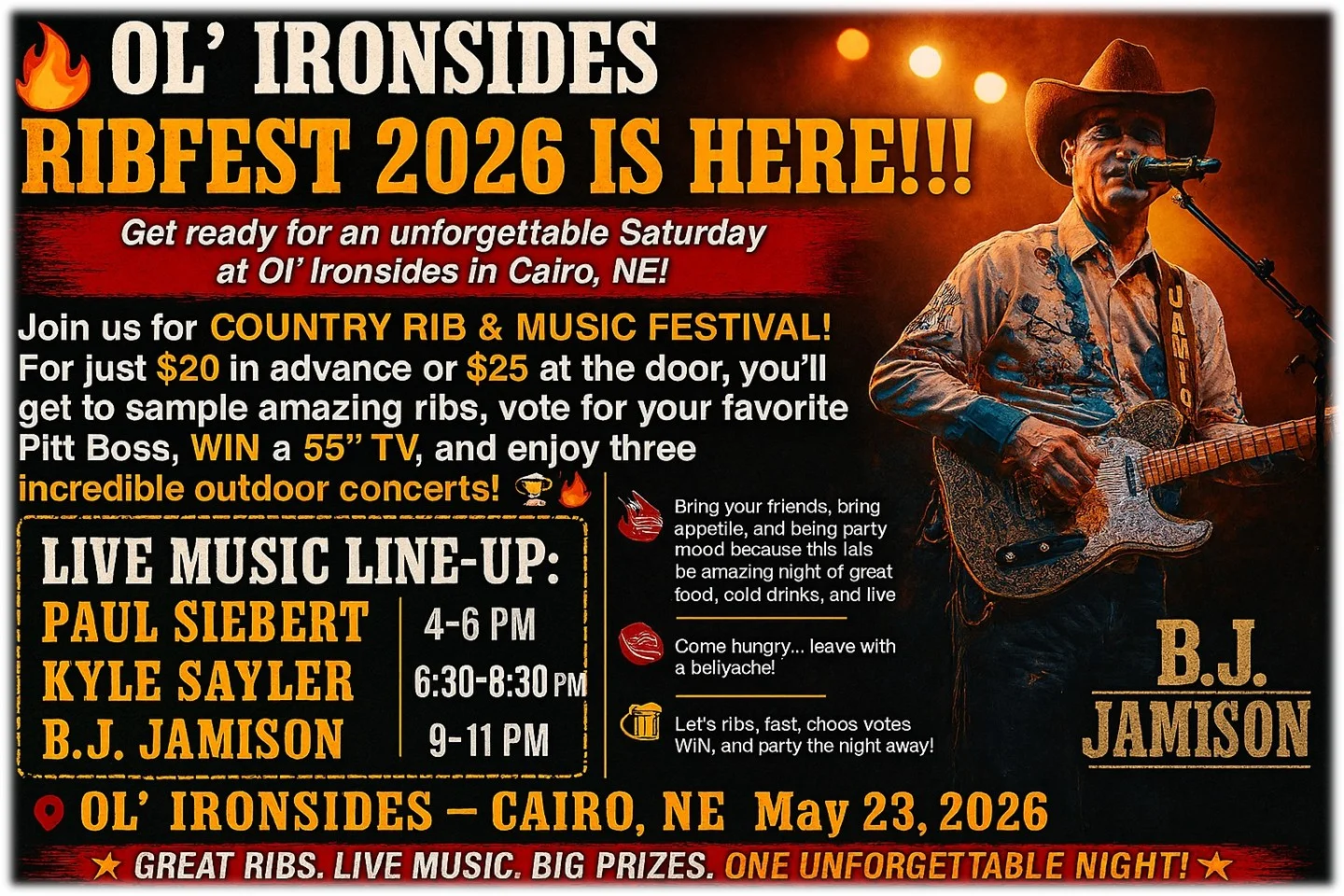 Ol' Ironsides Ribfest 2026 event poster with music lineup and details.
