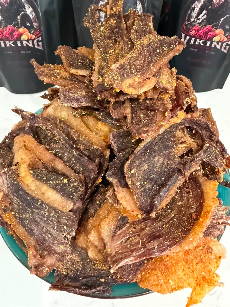 Savory Korean beef jerky piled high on a plate
