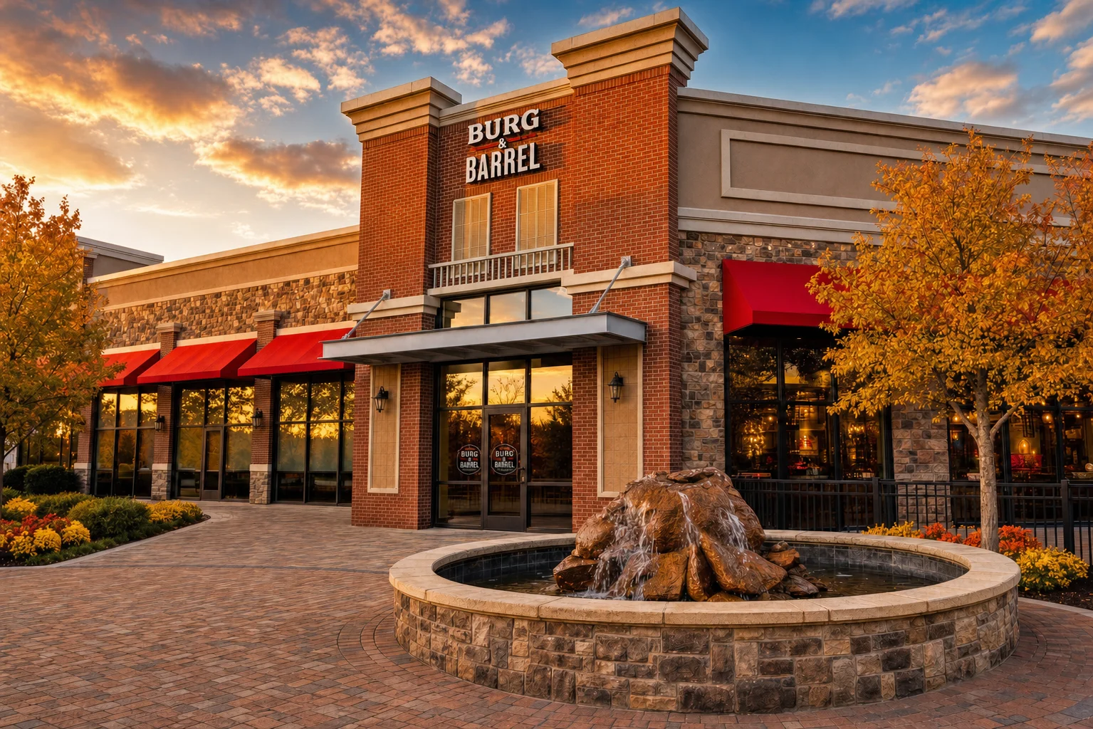 Charming restaurant exterior with fountain and autumn foliage