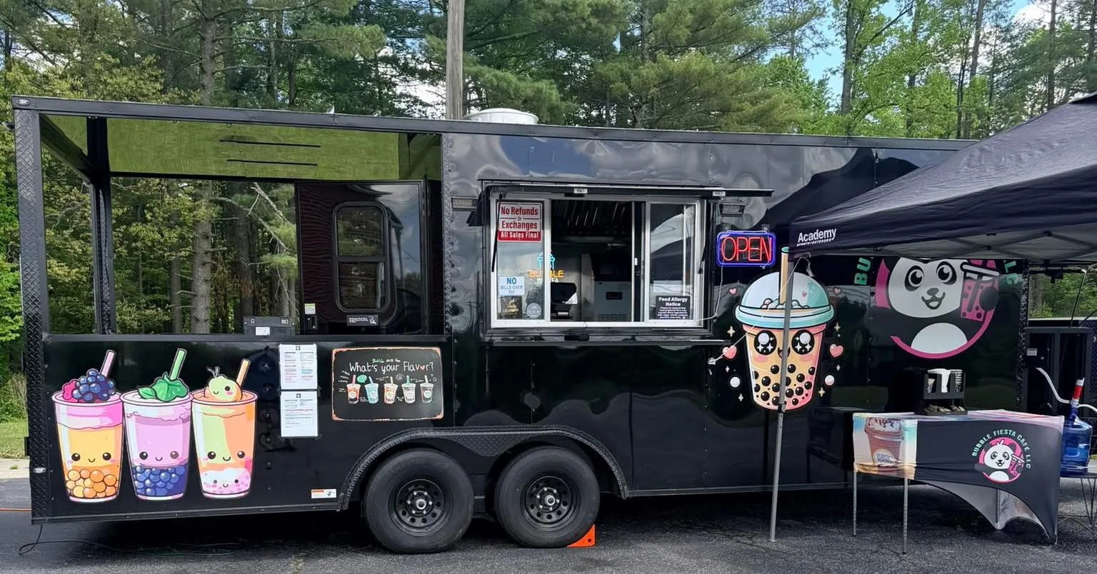 Colorful bubble tea truck with playful designs