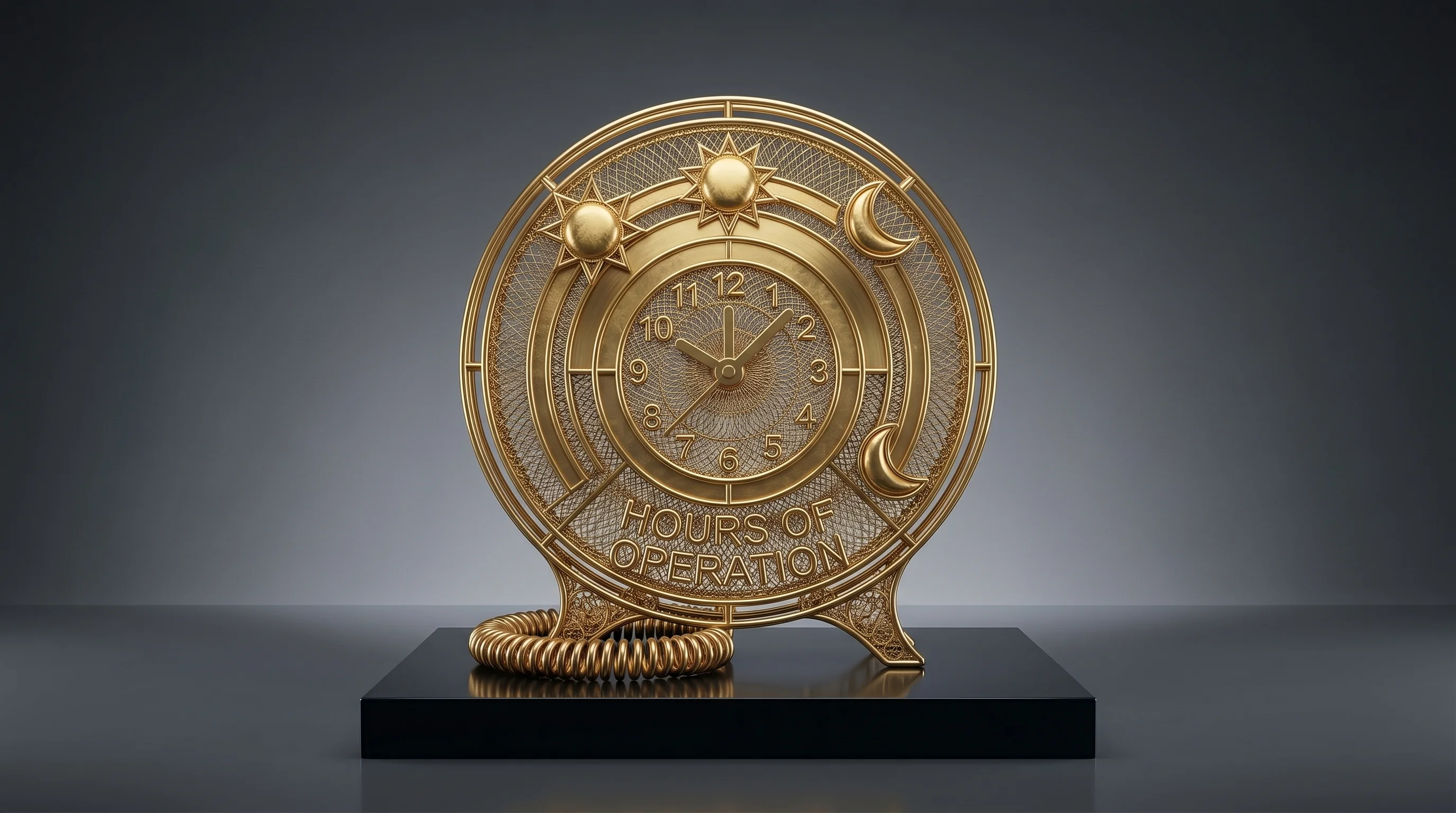 Stylish golden hours of operation sign with clock design