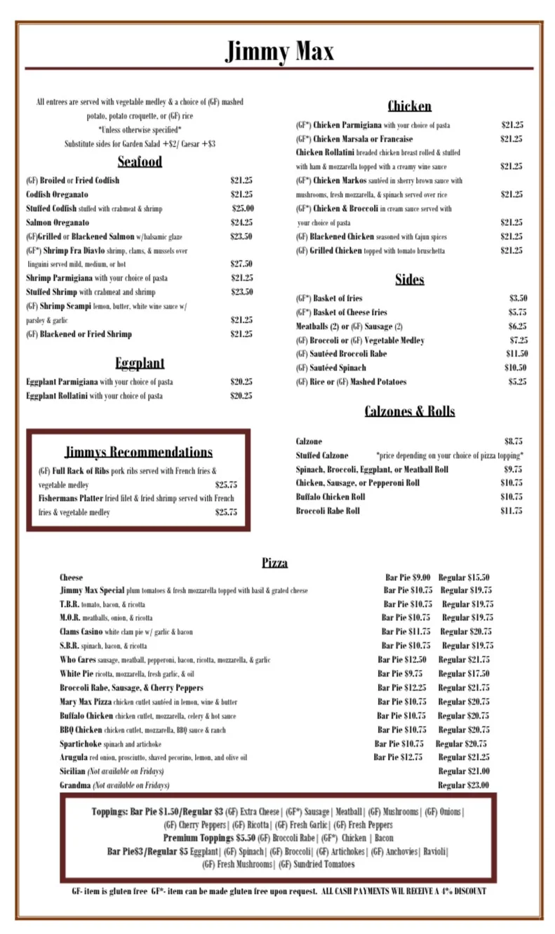 Jimmy Max A La Carte Menu with Prices