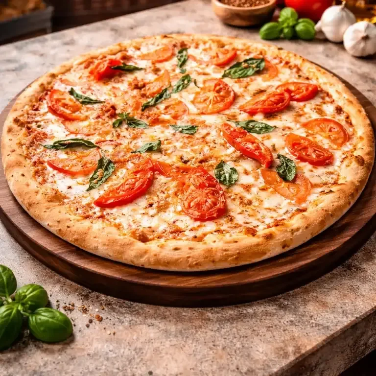 A round pizza with a classic tomato sauce base, topped with mozzarella cheese and fresh basil leaves.