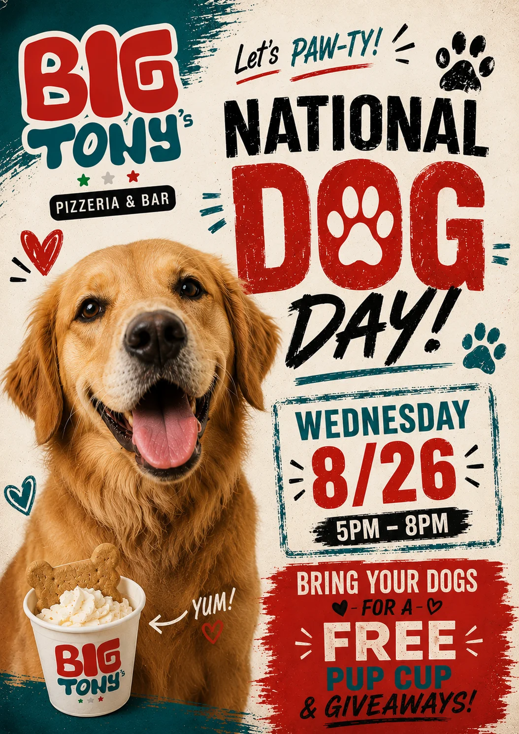 Golden retriever with a pup cup at a dog-friendly pizzeria event