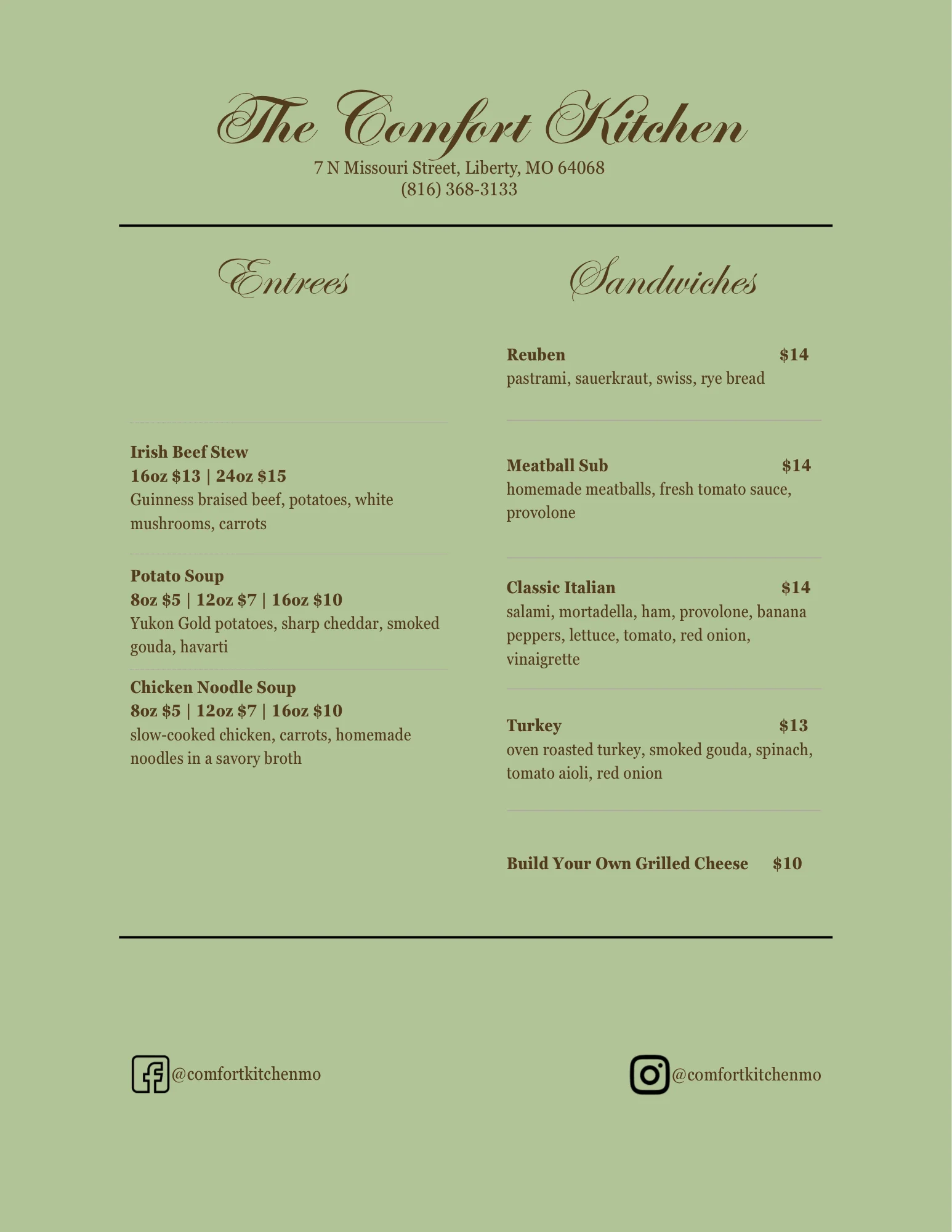 Comfort food menu featuring Irish stew and sandwiches
