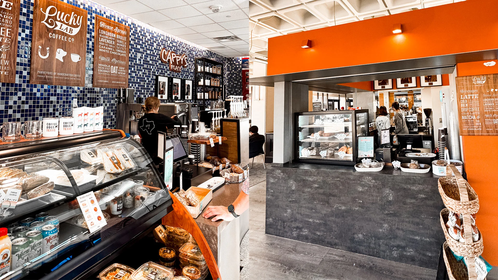 Cozy coffee shop interior with vibrant decor and display cases