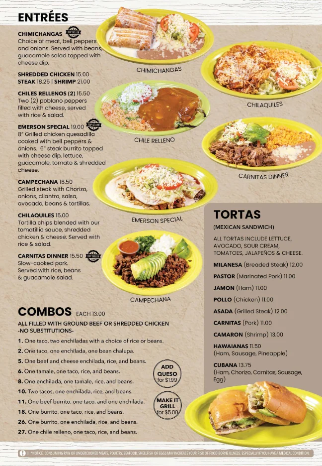 Mexican entrees including chimichangas and chilaquiles on colorful plates