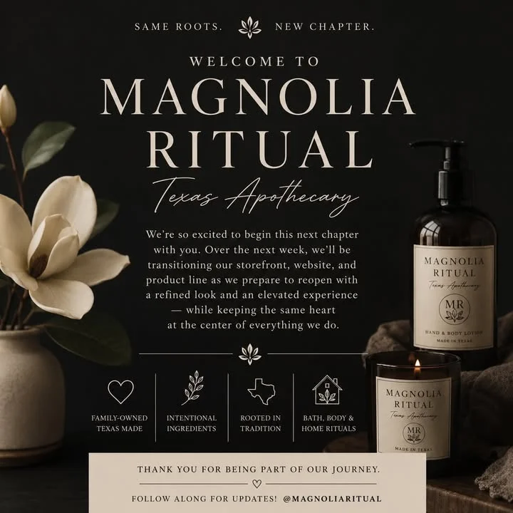 Welcome to Magnolia Ritual Texas Apothecary announcement with products displayed.