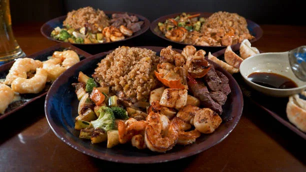 Japanese hibachi grill platter with shrimp and steak